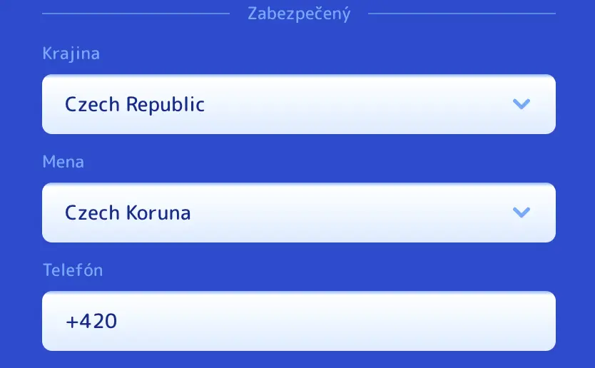 Pistolo Casino – nastavenie krajiny, meny a telefónu pri registrácii. Výber krajiny, meny a zadanie telefónneho čísla počas registrácie v Pistolo Casino – nastavené na Czech Republic, Czech Koruna a predvoľba +420.